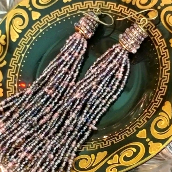 Vintage 70s Beaded Tassel Earrings | KJL Style Glass Beads Statement Dangles - Picture 1 of 7